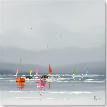 Frédéric Flanet, Avant l´orage I (Malerei, Moderne Malerei, Meeresbrise,  Meer, diffus, Dunst, Segelboote, Boote, Spiegelung, Reflexion, Bretagne, Frankreich, Atlantik, Wohnzimmer, Treppenhaus,  grau / bunt)