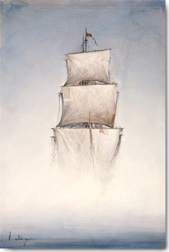 Yann Letestu, Danse la brume (Wunschgröße, Malerei, Meeresbrise, Segelschiff, Reise, Fernweh, Dreimaster, Nebel, Dunst, Treppenhaus, Schlafzimmer, Arztpraxis, bunt)