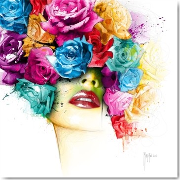 Patrice Murciano, La vie en Rose (Pop Art, Gesicht, junge Frau, Kopfschmuck, Blumen, roter Mund, lasziv, Verführung, Leuchtfarben, Neon, Schrill, Modern, Malerei, sinnlich, Wunschgröße, Jugendzimmer, Wohnzimmer, Schlafzimmer, bunt,)