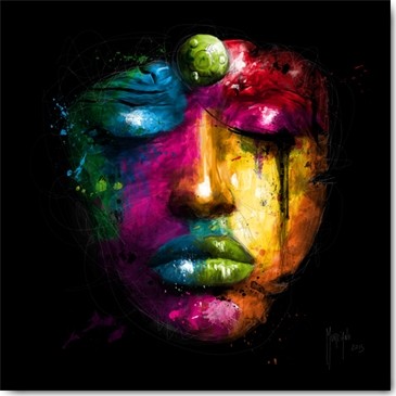 Patrice Murciano, Gaïa (Pop Art, Göttin, Gaia, Erde, Gesicht, junge Frau, Blick, sinnlich, volle Lippen, geschlossene Augen. Leuchtfarben, Neon, Schrill, Modern, Malerei,  People & Eros, Jugendzimmer, Wohnzimmer, Schlafzimmer, Wunschgröße, bunt)