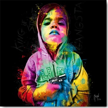 Patrice Murciano, Gangsta Child, King of Street (Pop Art, Kind, Pistole, Gangster-Kind, Portrait, Trotz, Leuchtfarben, Neon, Schrill, Modern, Malerei, Persönlichkeiten, Jugendzimmer, Wohnzimmer, Wunschgröße, bunt)