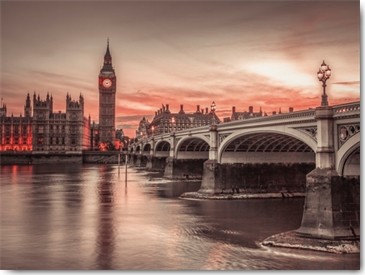 Assaf Frank, Big Ben Sunset (Big Ben, Glockenturm,  London,  Wahrzeichen, Brücke, Themse, Fluss,Sonnenuntergang, Fotokunst, Colourspot, Wohnzimmer, schwarz/weiß/rot)