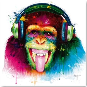 Patrice Murciano, DJ Monkey (Pop Art, Disc Jockey, Affee, Schimpanse, Kopfhöhrer, Zunge, frech, witzig, Humor, Leuchtfarben, Neon, Schrill, Modern, Malerei, Jugendzimmer, Wohnzimmer, Jugendzentrum, Wunschgröße, bunt)