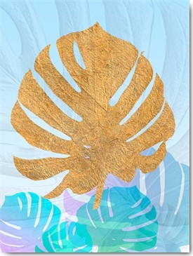 SARA Design, Goldnes Sommerblau II (Pflanze, Blatt, Abdruck, dekorativ, floral, Schlafzimmer, Treppenhaus, Wohnzimmer, gold/bunt Wunschgröße,)