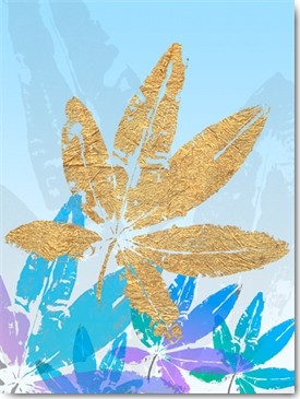 SARA Design, Goldnes Sommerblau III (Pflanze, Blatt, Abdruck, dekorativ, floral, Schlafzimmer, Treppenhaus, Wohnzimmer, gold/bunt Wunschgröße,)