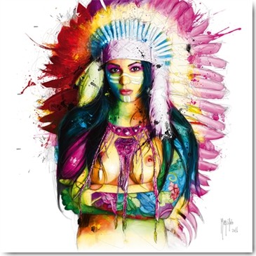 Patrice Murciano, L’attrapeuse de rêves (Indianerin, Indianermädchen, Kopfschmuck, Federn, Brüste, Punk, Kopfbedeckung, Pop Art, Leuchtfarben, Neon, Schrill, Modern, Malerei, Jugendzimmer, Wohnzimmer, bunt)