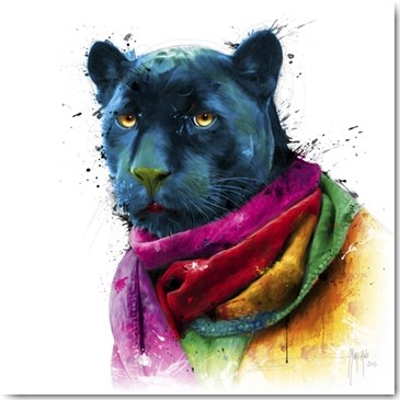 Patrice Murciano, Panther (Pop Art, schwarzer Panther, Schal, Tier, Raubtier, Katze, Tierportrait, witzig, Humor, Leuchtfarben, Neon, Schrill, Modern, Malerei, Jugendzimmer, Wohnzimmer, Jugendzentrum, bunt)