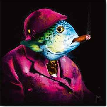 Patrice Murciano, Oncle Sushi (Pop Art, Fisch, rauchender Fisch, Zigarre, Tierportrait, Profil, frech, witzig, Humor, Leuchtfarben, Neon, Schrill, Modern, Malerei, Jugendzimmer, Wohnzimmer, Jugendzentrum, bunt)