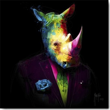 Patrice Murciano, Rhinoceros (Pop Art, nashorn, Tier, Tierportrait, Anzug, Eleganz, Gentleman, witzig, Humor, Leuchtfarben, Neon, Schrill, Modern, Malerei, Jugendzimmer, Wohnzimmer, Jugendzentrum, Wunschgröße, bunt)