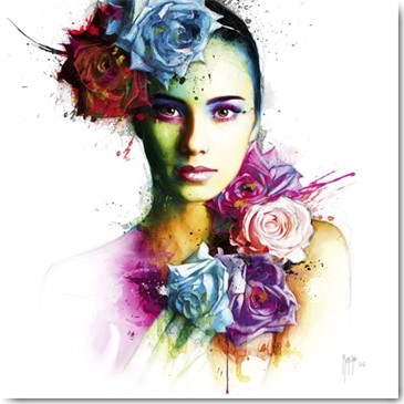 Patrice Murciano, Ambre (Pop Art, Gesicht, junge Frau, Kopfschmuck, Rosen, Blumen, Portrait, Leuchtfarben, Neon,  Modern, Malerei, sinnlich, Persönlichkeiten, Jugendzimmer, Wohnzimmer, Wunschgröße,  Schlafzimmer, bunt,)