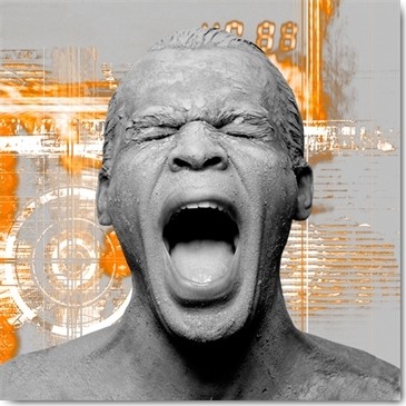Peter Hillert, The Voice (Mann, Gesicht, negroid, grau, Zement, Portrait, Schrei, Mund, Stimme, Wohnzimmer, Treppenhaus, Jugendzimmer, Photokunst, Wunschgröße, Modern, zeitgenössisch,  gold / grau)