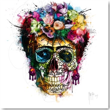 Patrice Murciano, Frida Skull (Skull, Torenkopf, Schädel, Punk,Blumen, Blüten, flower power, Frisur, Kopfbedeckung, Pop Art, Leuchtfarben, Neon, Schrill, Modern, Malerei, Jugendzimmer, Wohnzimmer, Wunschgröße, bunt)