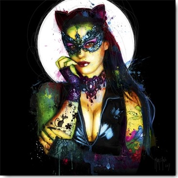 Patrice Murciano, Lady Cat (Pop Art, Punk, Frau, sexy, Dekoltee, Katzenohren, Augenmaske, Vollmond, Leuchtfarben, Neon, Schrill, Modern, Malerei, Wunschgröße, Jugendzimmer, Wohnzimmer, Jugendzentrum, bunt)