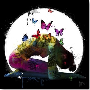 Patrice Murciano, Butterfly Dream (Pop Art, Punk, Frau, Akt, nackt, Schmetterlinge, Tattoos, Vollmond, Leuchtfarben, Neon, Schrill, Modern, Malerei, Wunschgröße, Jugendzimmer, Wohnzimmer, Jugendzentrum, bunt)
