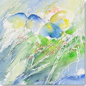 Annie Manero, Les deux papillons (Blumen, Blüten, Blütenblätter, zart, filigran, Aquarell, Malerei, Wohnzimmer, Schlafzimmer, Treppenhaus, Wunschgröße, bunt)