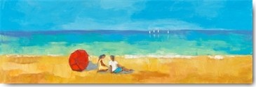 Régine Pivier-Attolini, Sur la plage (Malerei, Strand, Meer, Freizeit,  Horizont, Meeresbrise, zeitgenössisch, Treppenhaus, Wohnzimmer, Badezimmer, Wunschgröße, bunt)