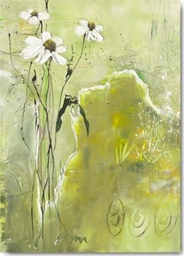 Isabelle Zacher-Finet, Quand je me promène... I (Blüten, Blumen, abstrakter Hintergrund, dekorativ, zeitgenössisch, Wohnzimmer Treppenhaus, Schlafzimmer, Wunschgröße, hellgrün)