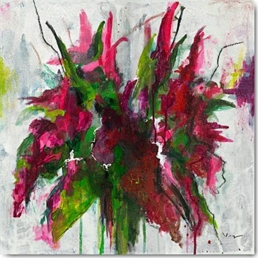 Verena Mayer, Fresia II (Abstrakte Kunst, floral, abstrahierte Blumen, modern, zeitgenössisch,  Treppenhaus, Wohnzimmer, Malerei, Wunschgröße, bunt)