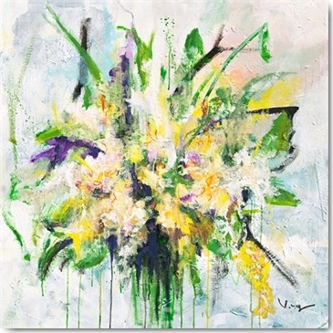Verena Mayer, Fresia (Abstrakte Kunst, floral, abstrahierte Blumen, modern, zeitgenössisch,  Treppenhaus, Wohnzimmer, Malerei, Wunschgröße, bunt)