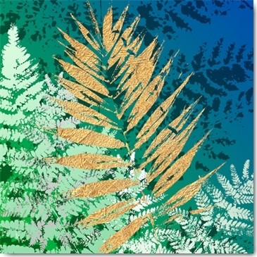 Mira, Golden Glory III (Farn, Pflanze, Abdruck, Blätter, Botanik, Floral, Grafik, Wunschgröße, Treppenhaus, Wohnzimmer, Esszimmer, gold, grün/blau)