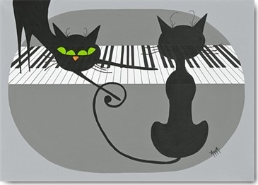 ANNA, Chahutage (Grafik, Katzen, Katzenaugen, Klaviertasten, Klavier, Musikinstrument, Katzenmusik, stilisiert, modern,  Wohnzimmer, Treppenhaus, Wunschgröße, schwarz/weiß)