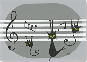 ANNA, Cha cha cha (Grafik, Katzen, Katzenaugen, Notenlinien, Noten, Notenschlüssel, Katzenmusik, stilisiert, modern,  Wohnzimmer, Treppenhaus, Wunschgröße, schwarz/weiß)