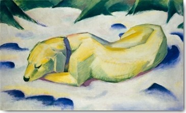 Franz Marc, Liegender Hund im Schnee (Malerei, Expressionismus, Hund,  schlafender Hund, Schnee, klassische Moderne, Wohnzimmer, Schlafzimmer, Arztpraxis Treppenhaus, bunt)