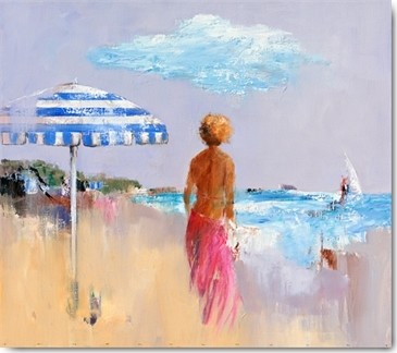 Jan Groenhart, Beach (Mädchen, Blondine, Sommer, Strand, Urlaub, Meeresbrise, Wohnzimmer, Jugendzimmer, Treppenhaus, zeitgenössisch, Malerei, Wunschgröße, Malerei, bunt)