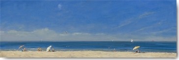 Alberto Valentini, Mothers with Children at the Beach (Meer, Strand, Sand, Badegäste, Urlauber, Sonennschirme, Horizont, Sonnenlicht,  Wunschgröße, Schlafzimmer, Wohnzimmer, bunt)
