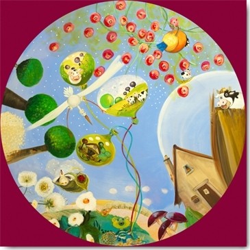 Geneviève Naudin, Des vaches en bulles (Häuser, Kühe, Bäumen, schief, lustig, Ballons,  naiv, niedlich,  Rotondo, Rundbild, Kinderzimmer, Treppenhaus, Wunschgröße, Malerei, bunt)