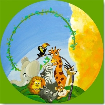 Geneviève Naudin, Les amis (Tierische Freunde, Giraffe, Löwe, Zebra, Elefant, Tukan, lustig, naiv, niedlich,  Rotondo, Rundbild, Kinderzimmer, Treppenhaus, Wunschgröße, Malerei, bunt)