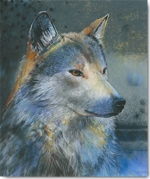 Loes Botman, Grauer Wolf (Wolf, Isegrimm, Raubtier, aufmerksam, Jäger, Waldtiere, Tiere, Wohnzimmer, Treppenhaus, Wunschgröße, Malerei, grau)