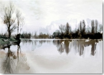 Matthias Baumann, Stiller See (Landschaft, See, Bäume, Ruhe, Stille, Spiegelungen, diffus, verschwommen, unscharf, Fotokunst, Treppenhaus, Wohnzimmer, Wunschgröße, bunt)