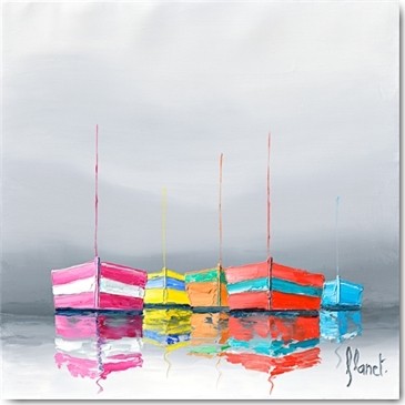 Frédéric Flanet, Reflets II (Wunschgröße, Malerei, Moderne Malerei, Meeresbrise, Landschaften, Meer, Segelboote, Spiegelung, Reflexion, Wohnzimmer, Treppenhaus, bunt)