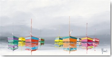 Frédéric Flanet, Les barques (Wunschgröße, Malerei, Moderne Malerei, Meeresbrise, Landschaften, Meer, Segelboote, Spiegelung, Reflexion, Wohnzimmer, Treppenhaus, bunt)