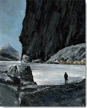 Marchi, Solitude (Wunschgröße, Modern, Malerei, Abstrakt, Abstrakte Malerei,  Landschaft, See, Berge, Felsen, Trist, düster, Einsamkeit, Wohnzimmer, grau/schwarz)