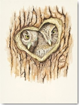 Heidi Lots, Nature Love (Baum, Nisthöhle, Eulen, Herz, kuscheln, Ornotologie, Studie, Tier, Treppenhaus, Wohnzimmer, Schlafzimmer, Wunschgröße, Malerei, bunt)