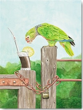 Heidi Lots, Curious Vinaceous! (Vogel, Papagei, Amazone, Zaun, Gatter, Drink, Neugierde, Ornotologie, Studie, Tier, Treppenhaus, Wohnzimmer, Wunschgröße,Malerei, bunt)