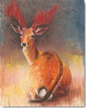 Loes Botman, Hirsch (Hirsch, Wild, Waldtiere, Tiere, Wohnzimmer, Treppenhaus, Wunschgröße, Malerei, bunt)