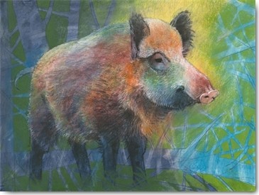 Loes Botman, Wildschwein (Wildschwein, Wildsau, Bache, Waldtiere, Tiere, Wohnzimmer, Treppenhaus, Wunschgröße, Malerei, bunt)