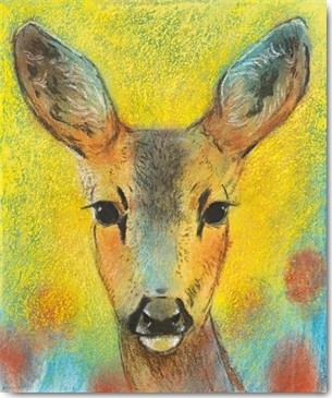 Loes Botman, Rehkitz II (Reh, Kitz, Baby, niedlich,  putzig, Waldtiere, Tiere, Wohnzimmer, Treppenhaus, Wunschgröße, Malerei, bunt)