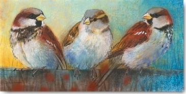 Loes Botman, Spatzen (Sperling, Spatz, niedlich, putzig, aufmerksam, Vogel, Tiere, Ornithologie,  Wohnzimmer, Treppenhaus, Wunschgröße, Malerei, bunt)