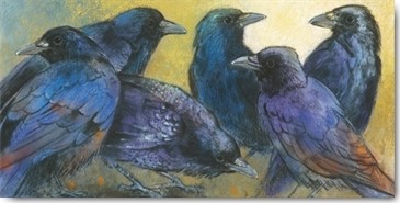 Loes Botman, Amseln (Krähen, Gruppe, Vogel, Tiere,  Ornithologie, Wohnzimmer, Treppenhaus, Wunschgröße, Malerei, bunt)