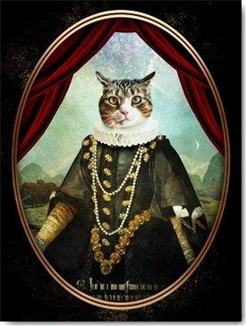 André Sanchez, Lady Mimosa (Katze, Katzenkopf, Körper Frauenkörper, barocke Mode, Halskrause, Antropomorphismus kurios, Mischwesen, Wohnzimmer, Treppenhaus, Wunschgröße, bunt)