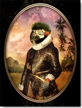 André Sanchez, Amiral Nestor (Papagei, Ara, Papageienkopf, menschlicher Körper, barocke Mode, Halskrause, Antropomorphismus, kurios, Mischwesen, Wohnzimmer, Treppenhaus, Wunschgröße, bunt)
