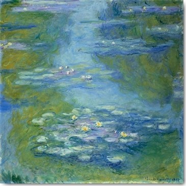 Claude Monet, Nympheas (Impressionismus, Malerei, Seerosen, Wasserlilien, Wasserpflanzen, Teich, Natur,  Schlafzimmer, Wohnzimmer, Wintergarten, Treppenhaus, blau, Klassiker)