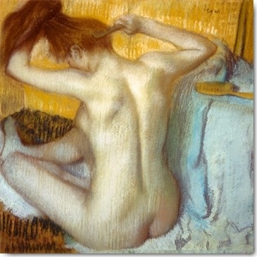 Edgar Degas, Frau bei ihrer Toilette (Aktmalerei, Rückenakt, nackte Frau, nach dem Bad, Haare kämmen, Impressionismus, Klassiker, Treppenhaus, Wohnzimmer, Schlafzimmer, bunt)