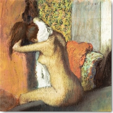 Edgar Degas, Frau nach dem Bade, sich den Nacken abtrocknend (Aktmalerei, Rückenakt, nackte Frau, nach dem Bad, Ankleide, Impressionismus, Klassiker, Treppenhaus, Wohnzimmer, Schlafzimmer, bunt)