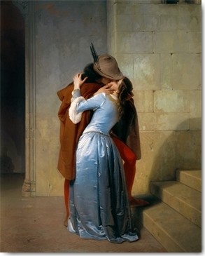 Francesco Hayez, Der Kuss (Malerei, Romantik, Liebe, Historienmalerei,  Liebespaar, Umarmung, Kuss, Abschied, Schlafzimmer, Wohnzimmer, Wunschgröße, bunt)