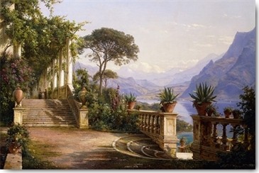 Carl Frederik Aagaard, Loggia mit Blick über den Comer See (Landschaften, Italien, Bergsee, Comer See, Berge, Klassiker, Idylle, Terrasse, Aussicht, Wohnzimmer, Treppenhaus, Wunschgröße, bunt)